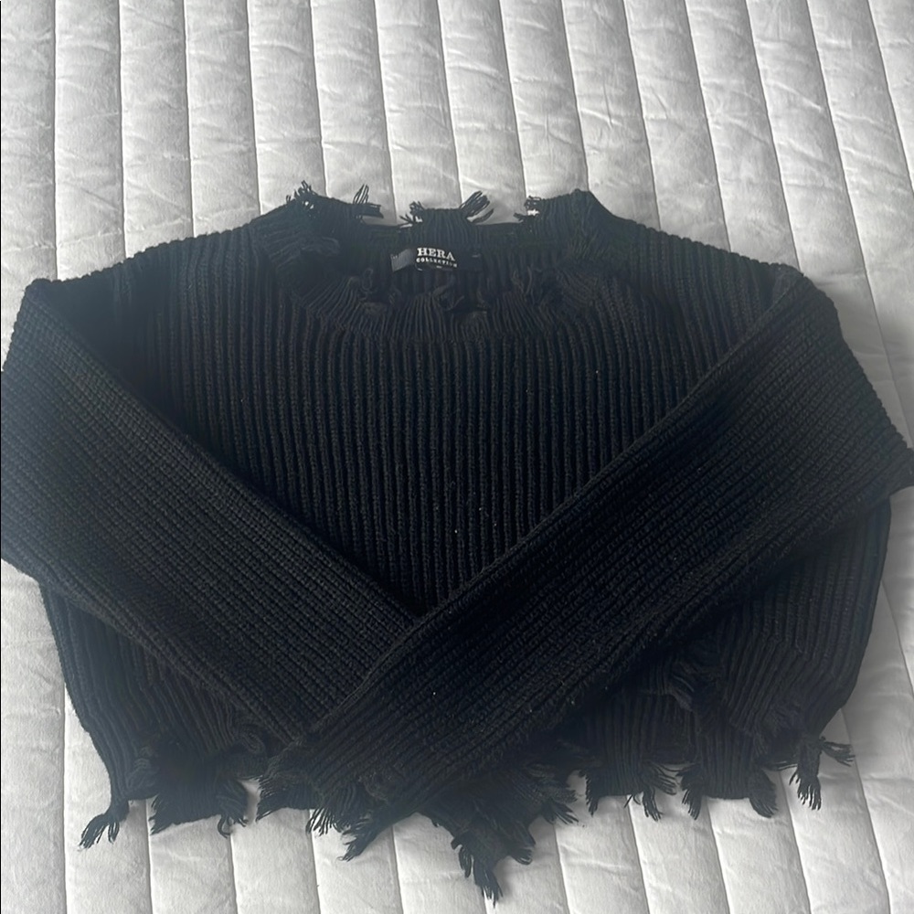 Cropped Black Frayed Knit Top